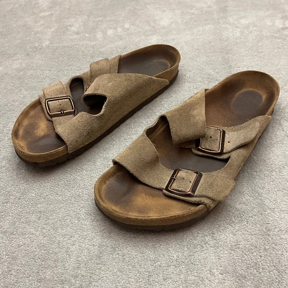 Birkenstock Arizona Brown Buckle Suede Strap Sandals Black Sole